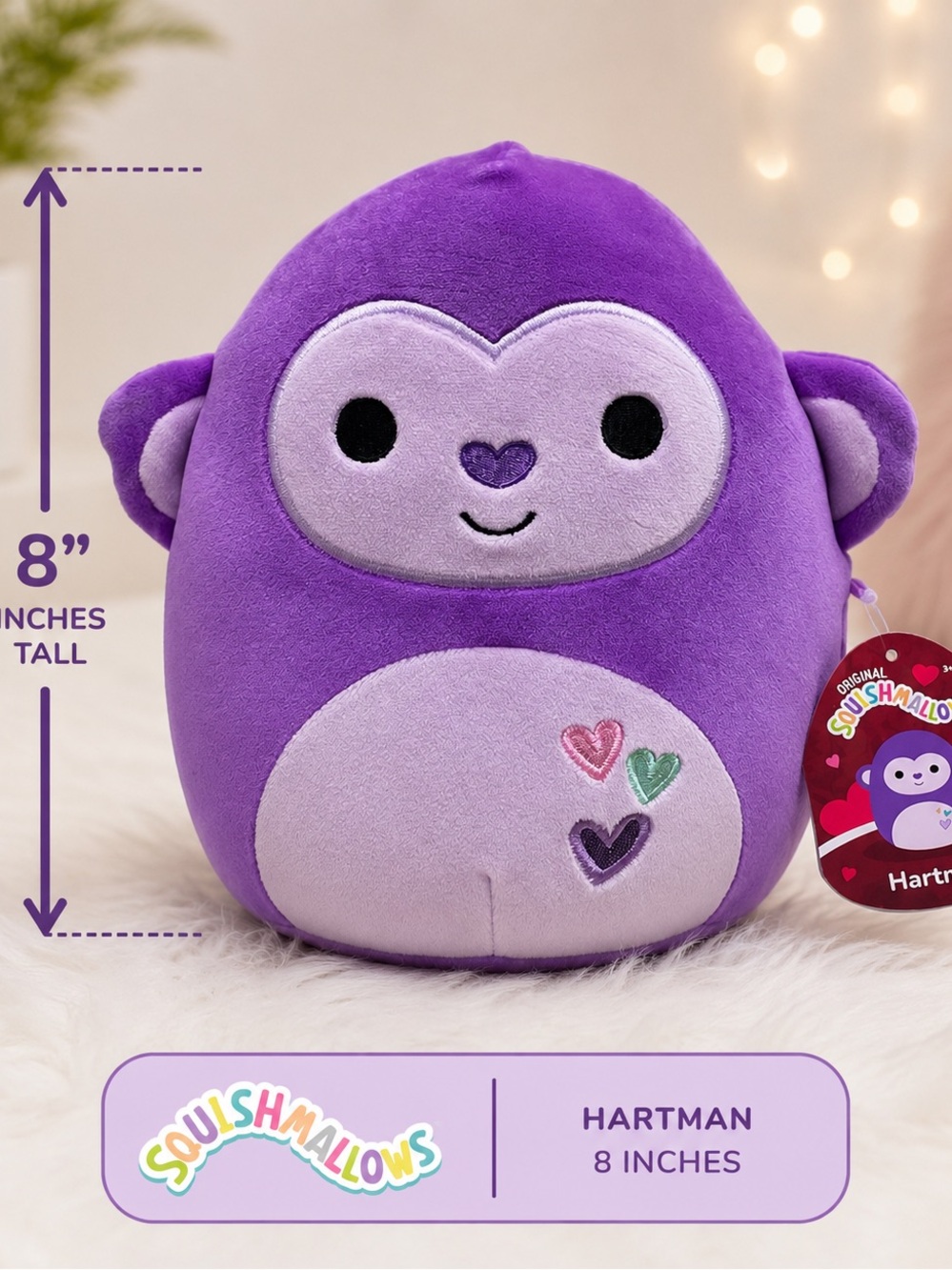 Squishmallows Hartman Purple Monkey Plush 8” Valentine’s Day NWT 2025